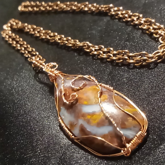 natural stone Jewelry - Chatoyant golden pietersite stone genuine copper wrap pendant necklace 26 in.